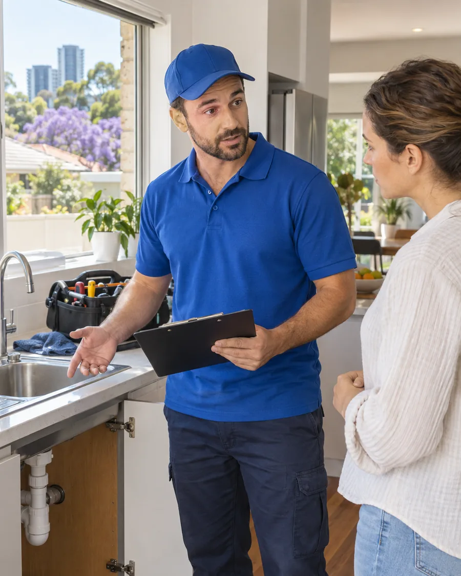 Western Sydney plumber going through a job with a customer