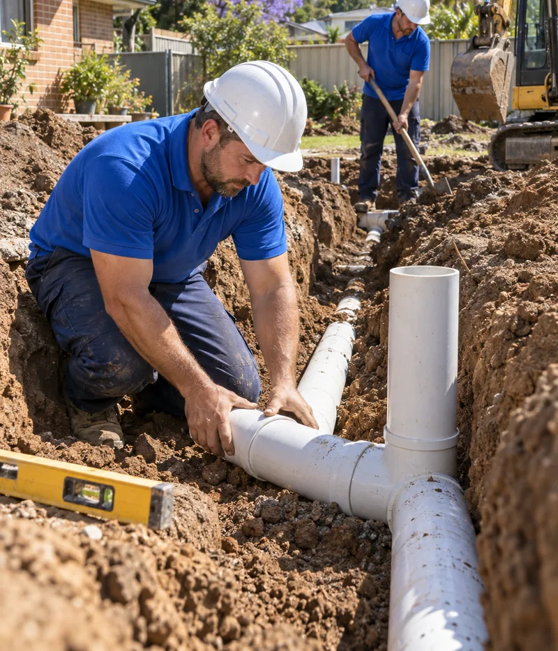 Plumbers replacing a sewer line in a suburban backyard