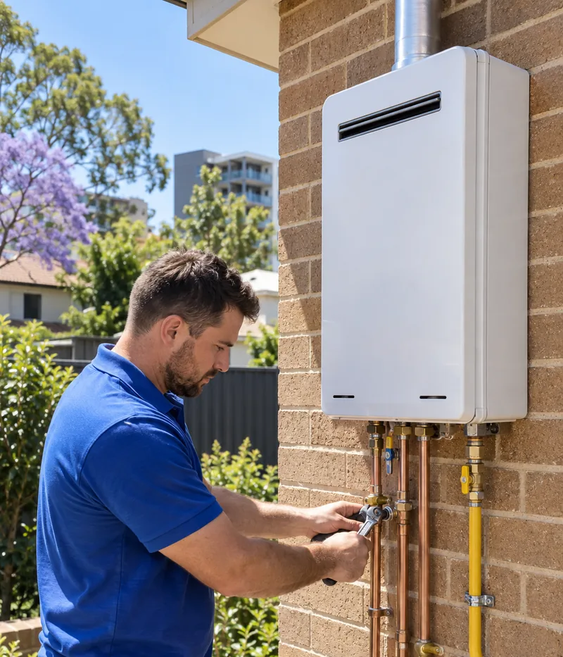New continuous-flow gas hot water unit on a brick wall